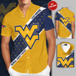 West Virginia Mountaineers Logo Custom Name Curved Hawaiian Shirt In Yellow