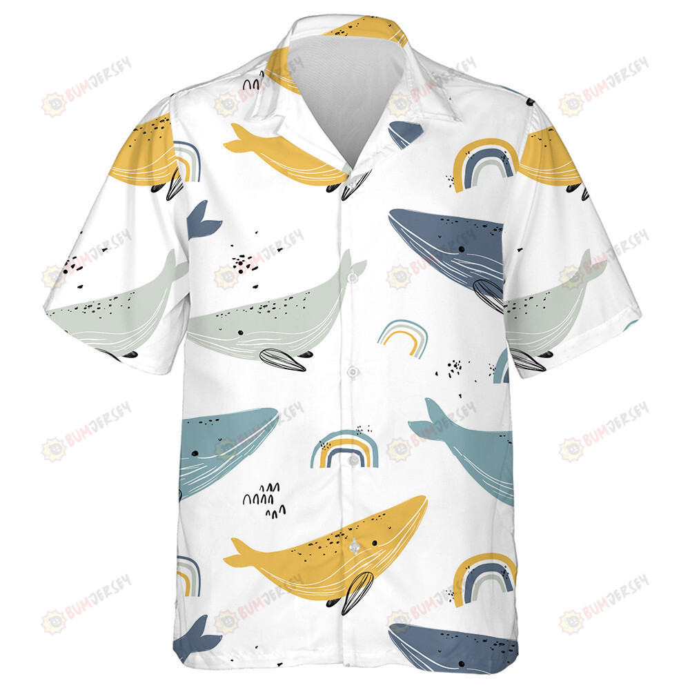 Whales And Rainbow In Scandinavian Style Sea Fishes Themed Pattern Hawaiian Shirt