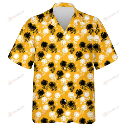 White And Black Childish Hand Drawn Sunflowers On Orange Background Hawaiian Shirt