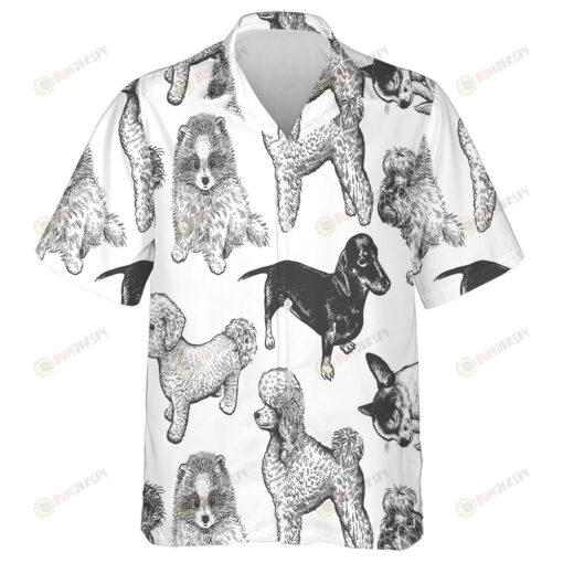 White And Black Hand Drawing Of Dogs Hawaiian Shirt