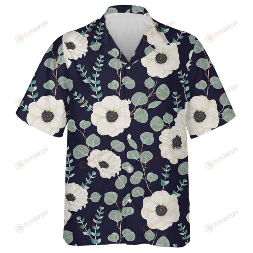 White Anemone Flowers Eucalyptus Green Leaves Branches Drawing Pattern Hawaiian Shirt