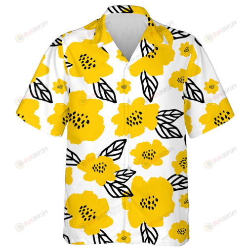 White Background With Doodle Yellow Floral And Leaves Pattern Hawaiian Shirt