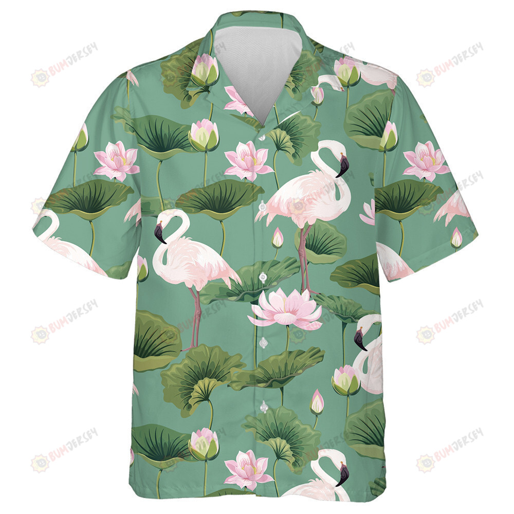White Beautiful Flamingo With Lotus Pond Hawaiian Shirt