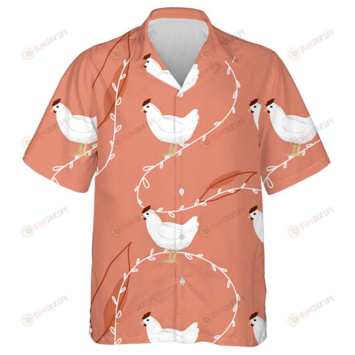 White Chicken With Vines And Big Leaf Hawaiian Shirt