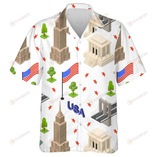 White Concept Travel Isometric View Landmark And Architecture America Hawaiian Shirt