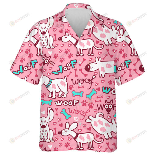 White Dogs Puppies Doodle Isolated On Pink Hawaiian Shirt