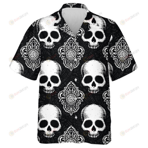 White Human Skull And Geometry On Black Background Hawaiian Shirt
