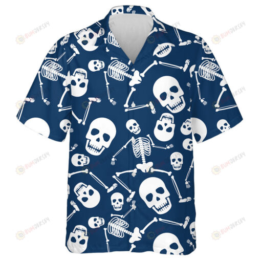 White Human Skull Skeleton On Blue Background Hawaiian Shirt