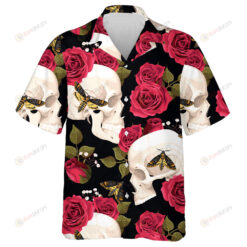 White Human Skull With Rose Leaves And Moth Hawaiian Shirt