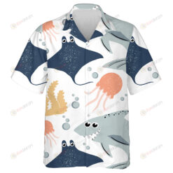 White Theme Pretty Shark Stingray Jellyfish And Bubbles Design Hawaiian Shirt