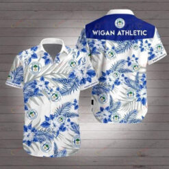 Wigan Athletic On White Blue Pattern Short Sleeve Curved Hawaiian Shirt