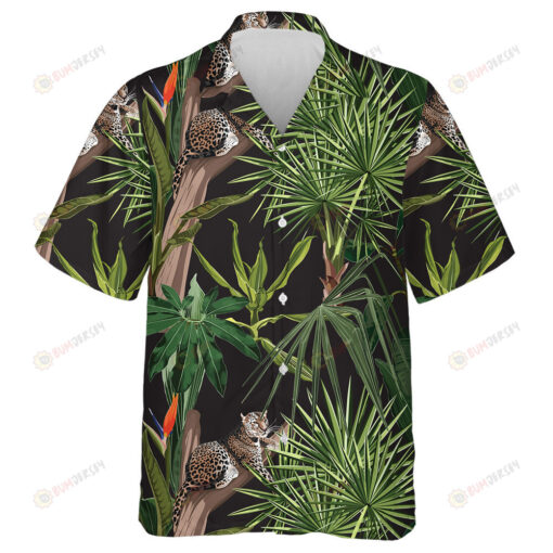 Wild African Animals Leopard In Tropical Forest On Black Hawaiian Shirt