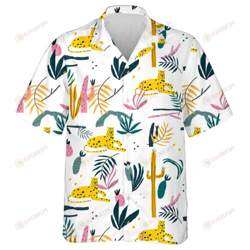 Wild African Leopard And Plant Jungle Leaves Hawaiian Shirt