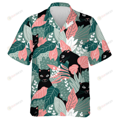 Wild African Leopard Black Panthers With Tropical Leaves Hawaiian Shirt