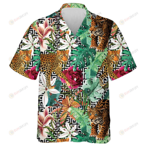 Wild African Leopard In Tropical Forest Geometric Background Hawaiian Shirt