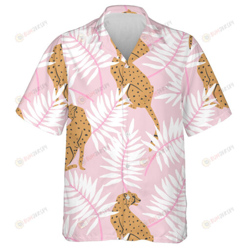 Wild African Leopard With White Tropical Leaves Hawaiian Shirt