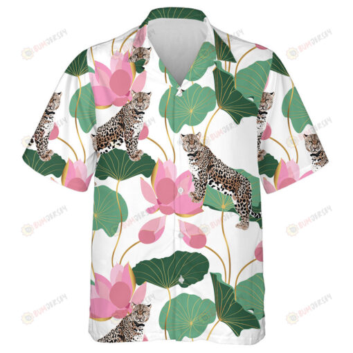 Wild African Leopards Pink Lotuses With Leaves Hawaiian Shirt