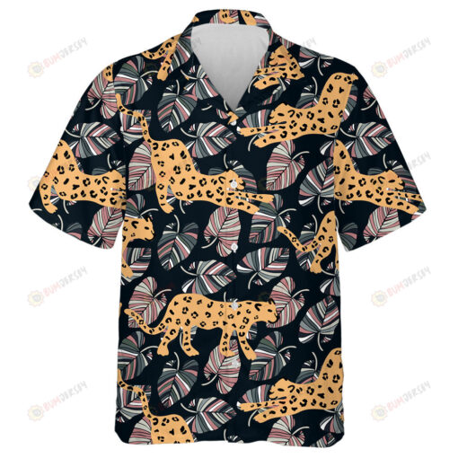 Wild African Modern Trendy Leopard With Abstract Palm Leaves Hawaiian Shirt