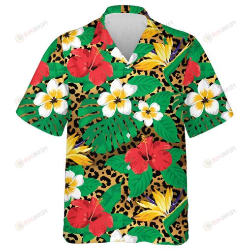 Wild African Modern Tropical Flowers And Leaves On Leopard Hawaiian Shirt