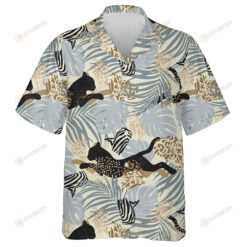 Wild Animals Leopard Black With Tropical Leaves Hawaiian Shirt