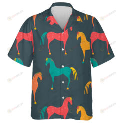 Wild Horses In Bright Colors On Dark Hawaiian Shirt