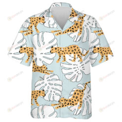 Wild Tropical Leopard Animal And Monstera Palm Leaves Hawaiian Shirt