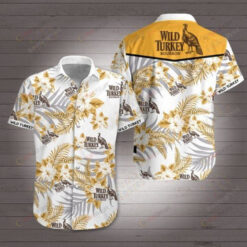 Wild Turkey Bourbon Leaf & Flower Pattern Curved Hawaiian Shirt In White & Yellow