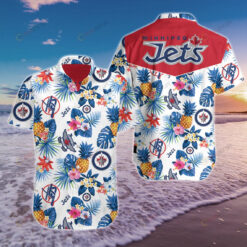 Winnipeg Jets Floral & Fruit Pattern Curved Hawaiian Shirt In Blue & White