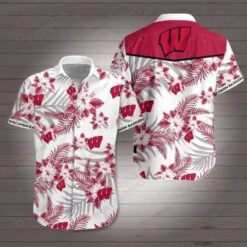 Wisconsin Badgers Leaf & Flower Pattern Curved Hawaiian Shirt In Red & White