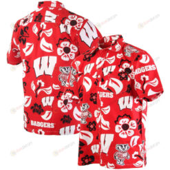 Wisconsin Badgers Red Floral Button-Up Hawaiian Shirt