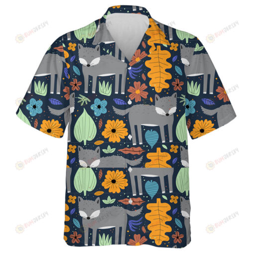 Wolf Adorable Forest Animal With Leaves And Flowers Hawaiian Shirt