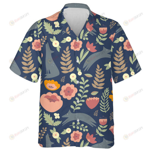Wolf And Colorful Stylized Flowers Background Hawaiian Shirt
