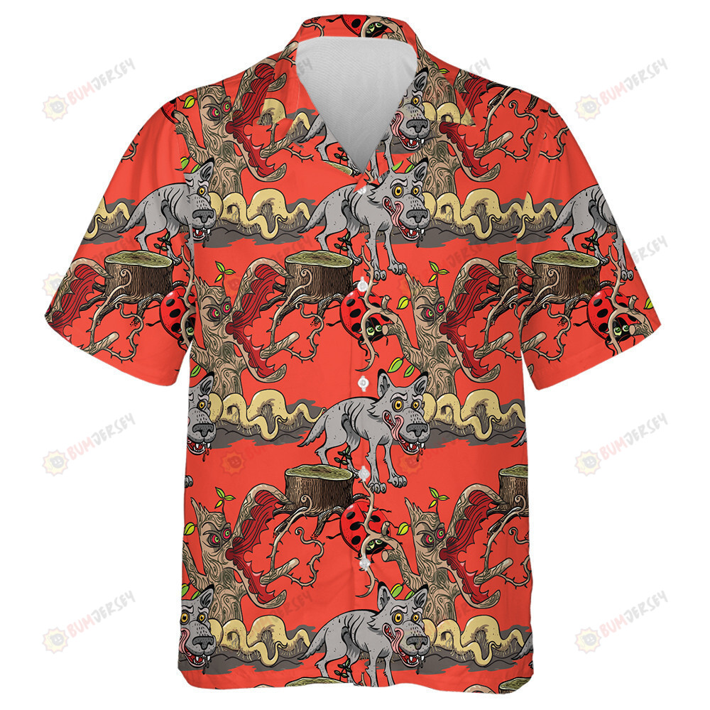 Wolf And Dangerous Tree Forest On Red Hawaiian Shirt