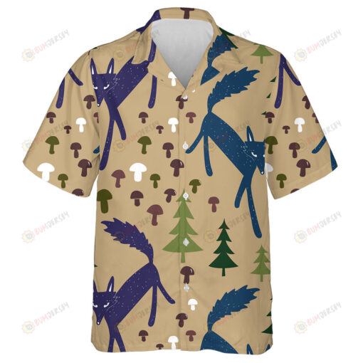 Wolf Spruces And Mushrooms In Cartoon Style Hawaiian Shirt