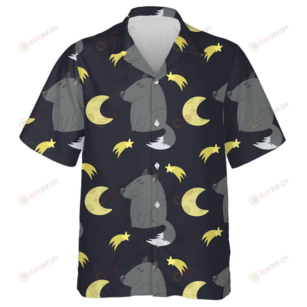 Wolf With Moon And Stars In Cartoon Style Hawaiian Shirt