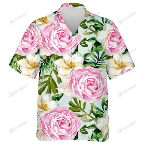 Wonderful Pink Roses And Yellow Plumeria Branch Watercolor Design Hawaiian Shirt