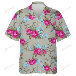 Wonderful Pink Roses With Small Blue Flower Branch Art Design Hawaiian Shirt