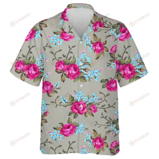 Wonderful Pink Roses With Small Blue Flower Branch Art Design Hawaiian Shirt