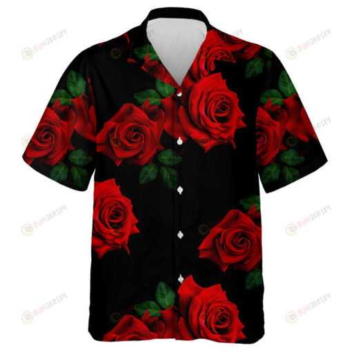 Wonderful Scarlet Red Roses With Green Leaves Art Pattern Hawaiian Shirt