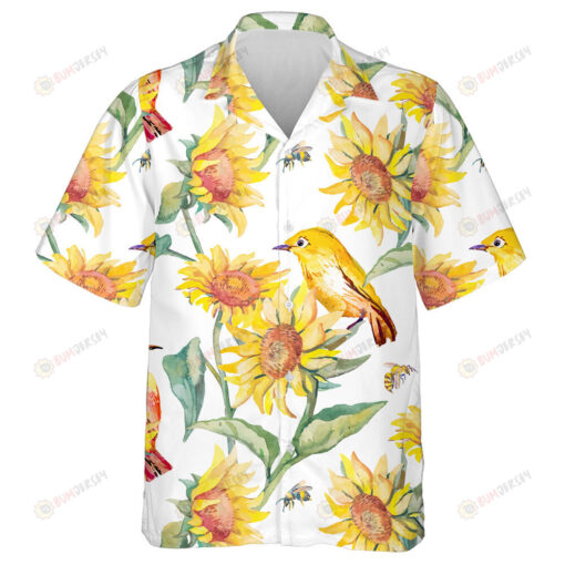Wonderful Watercolor Art Of White-Eye Bird And Sunflower Hawaiian Shirt
