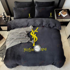 YSL Logo Double Sided Crystal Velvet Bedding Set In Black
