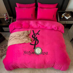 YSL Logo Double Sided Crystal Velvet Bedding Set In Hot Pink