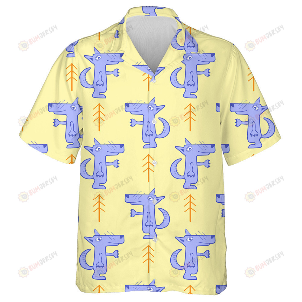 Yellow Background With Cartoon Wolf And Fir Trees Hawaiian Shirt