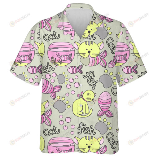 Yellow Cat And Fish With Paw On Grey Hawaiian Shirt