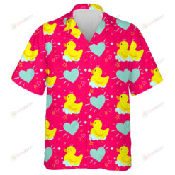 Yellow Rubber Ducks Soap Foam And Blue Hearts On Pink Hawaiian Shirt