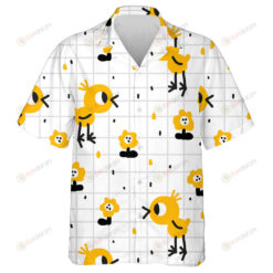 Yellow Tiny Flowers And Cute Chicken On The White Checkered Hawaiian Shirt