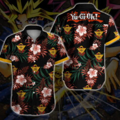 Yugi Oh Floral And Leaves Pattern Curved Hawaiian Shirt In Black