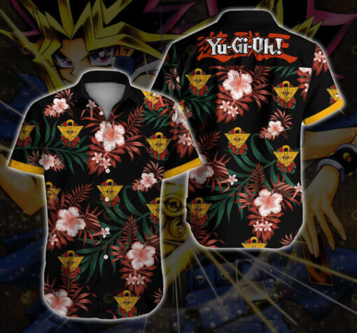 Yugi Oh Floral And Leaves Pattern Curved Hawaiian Shirt In Black