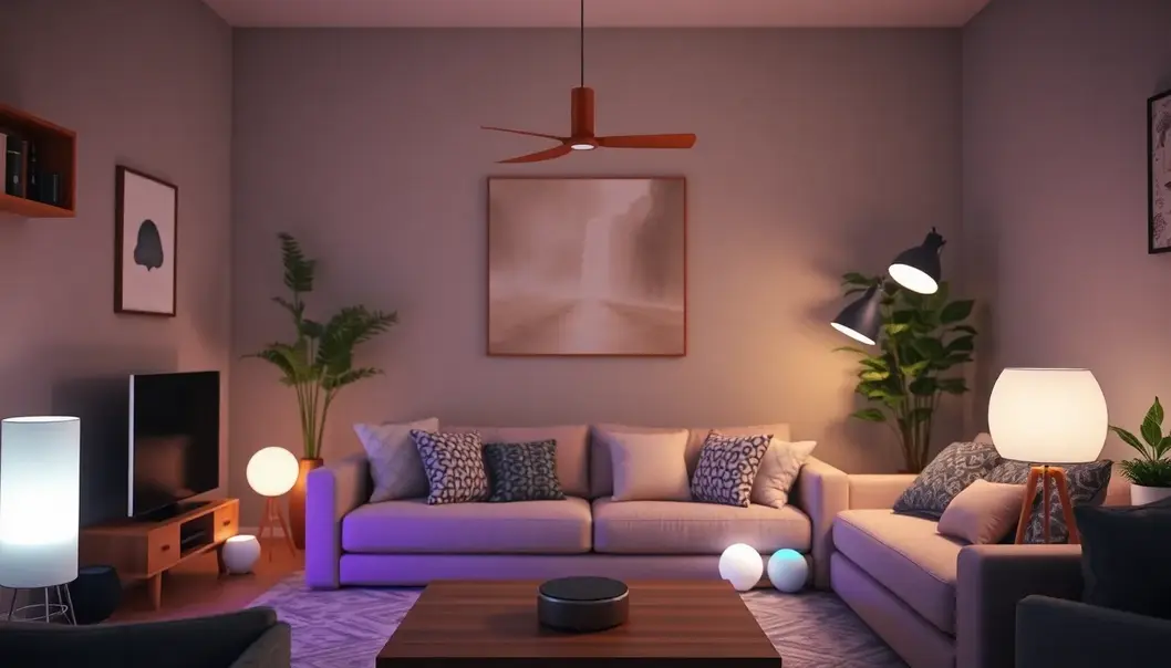 A living room showcasing multiple interconnected smart devices.